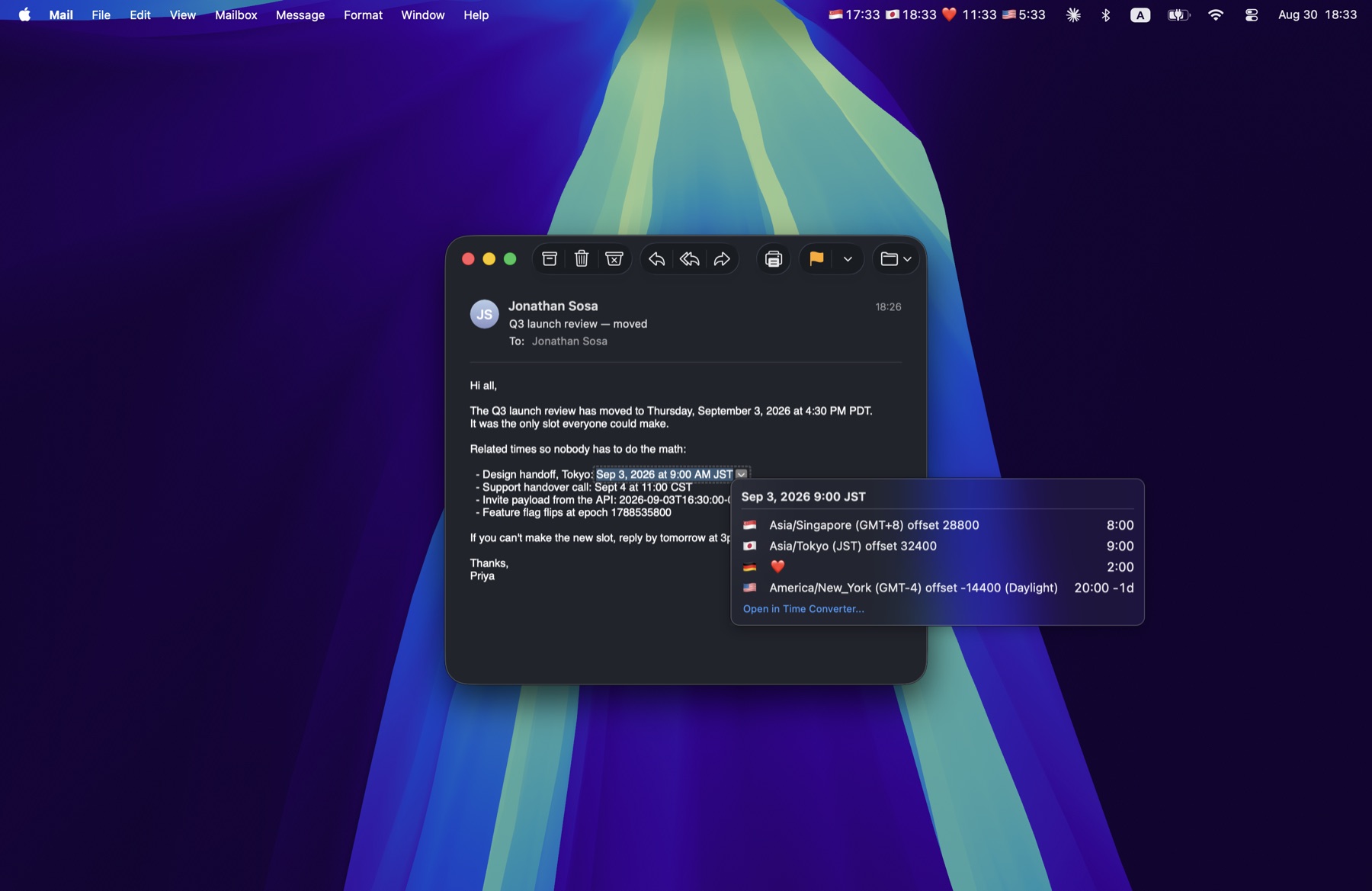 A selected date in Mail converted into four local times by Times