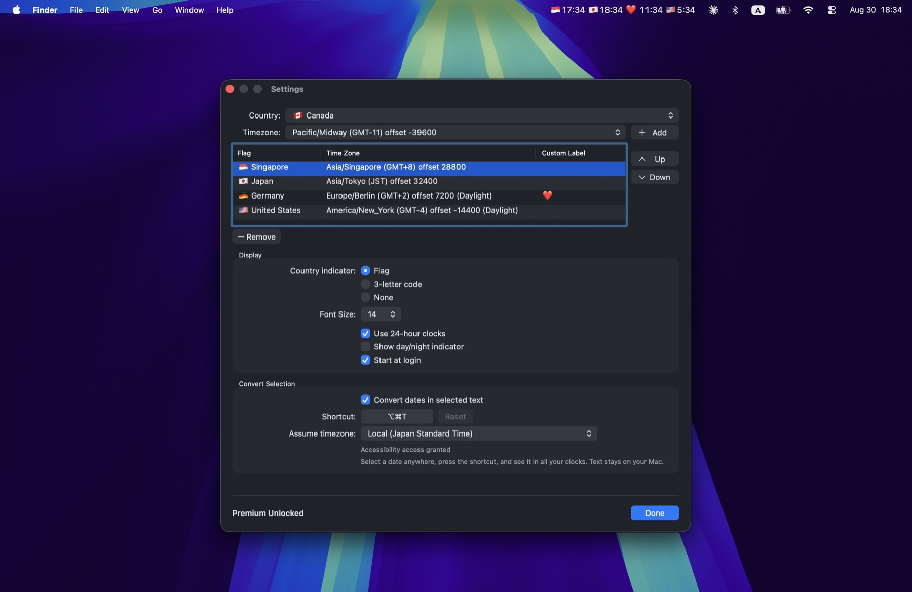 Times settings with clocks, labels, display options and shortcuts